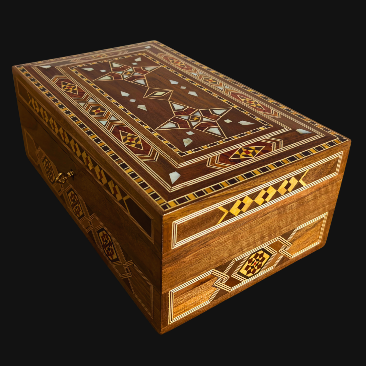 Gran Caja de Mosaico Damasceno Hecha a Mano con Cerradura – Cofre de Joyería de Madera de Varios Niveles con Incrustación de Nácar