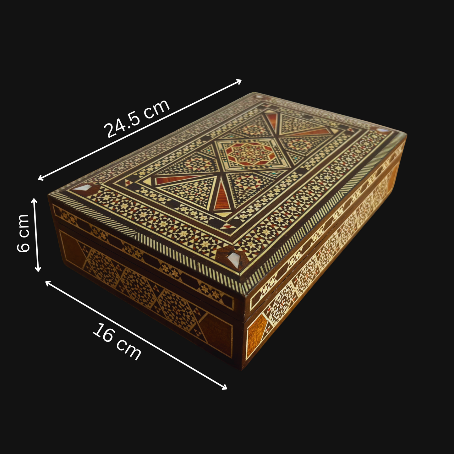 Caja de Joyero de Mosaico Damasceno Vintage 1970 – Incrustación Oriental Hecha a Mano con Nácar