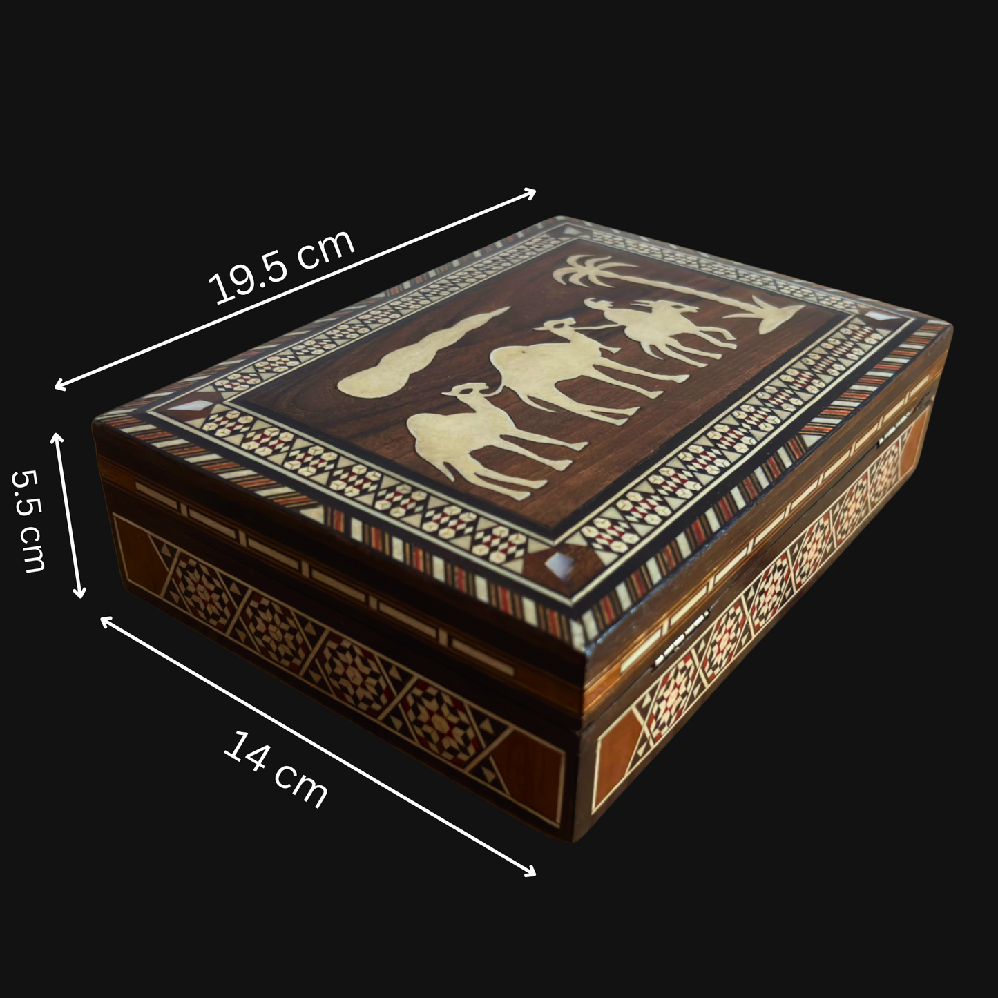 Caja vintage de mosaico damasceno de los años 70, diseño de camello, caja artesanal siria para recuerdos