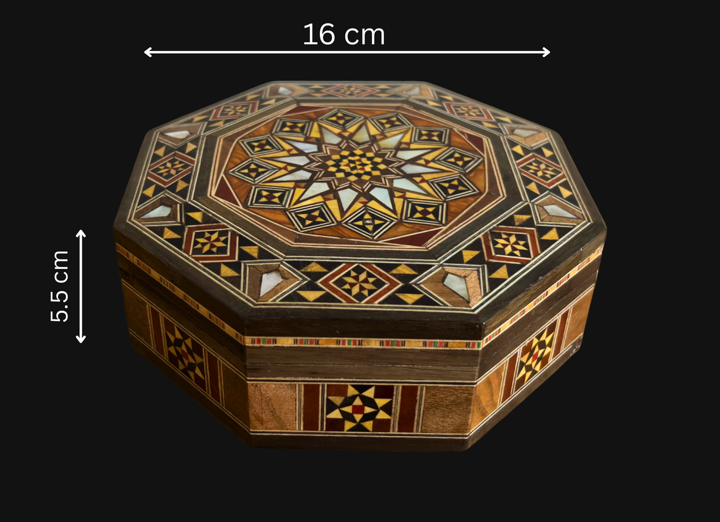Elegante caja octogonal de mosaico damasceno – Artesanía en madera con incrustación de nácar