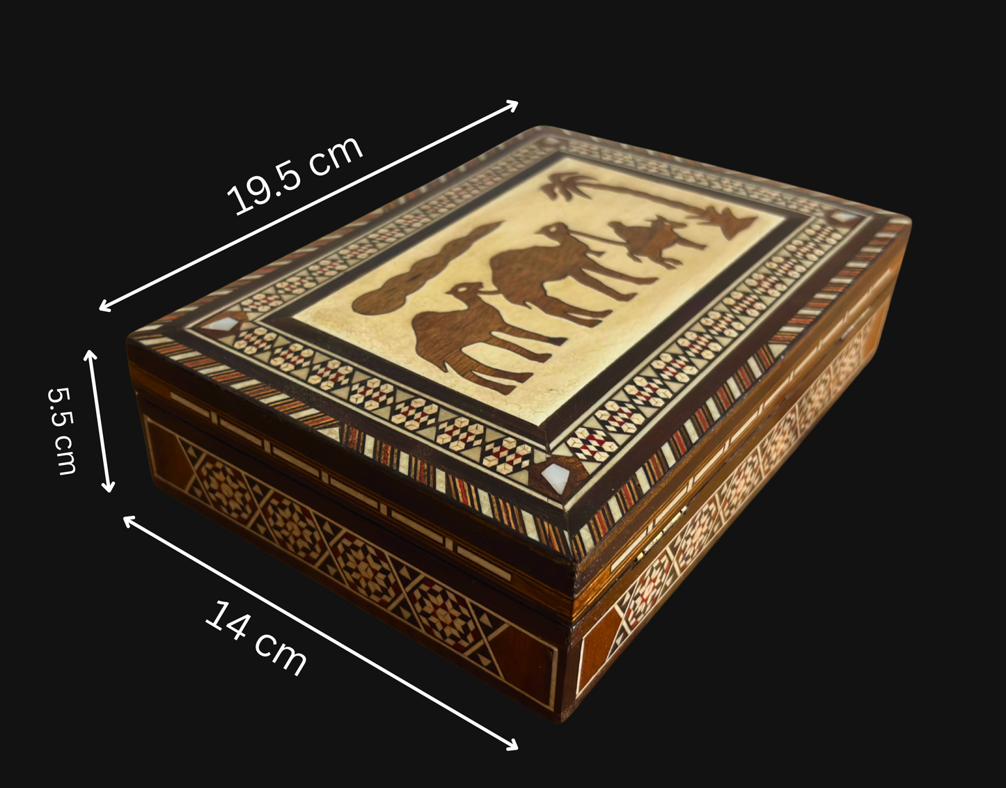 Caja vintage de joyería con mosaico de camello – Arte damasceno artesanal de 1970 con incrustación de perla