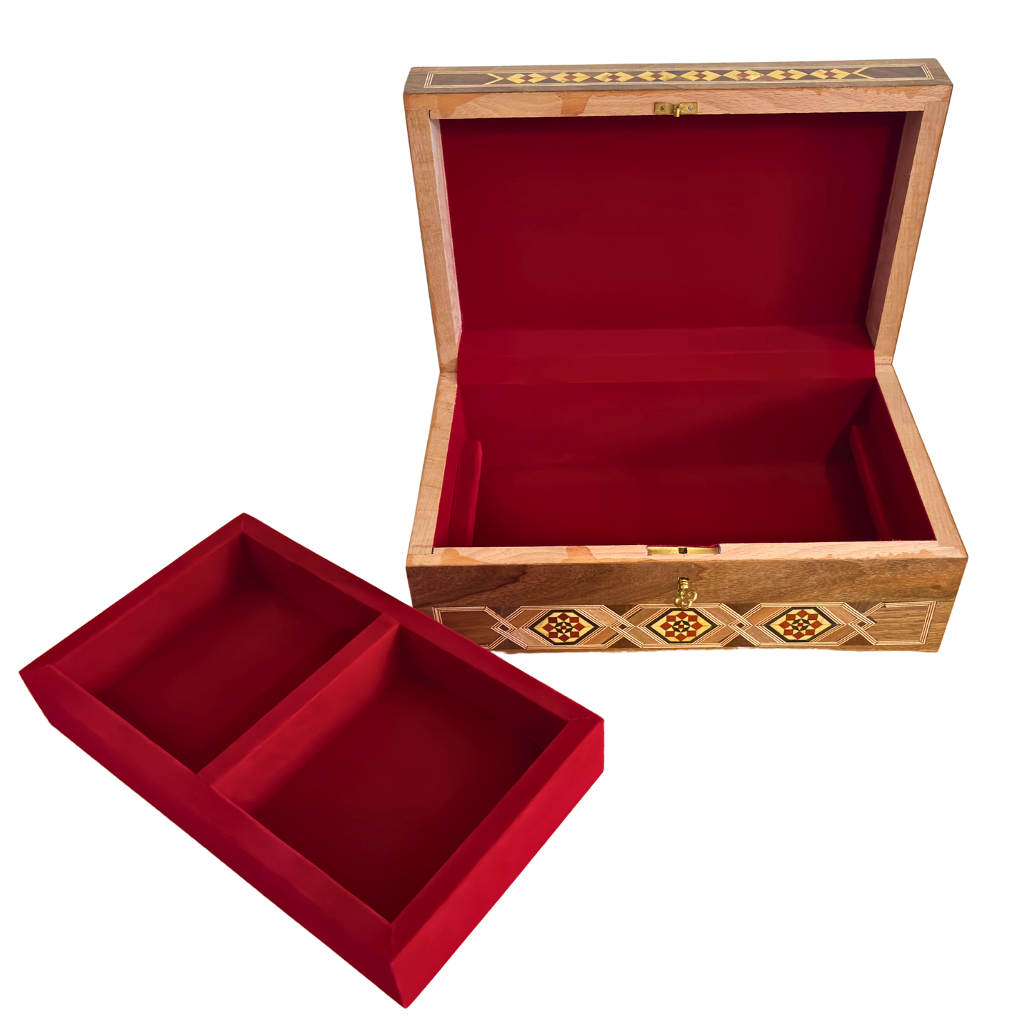 Gran Caja de Mosaico Damasceno Hecha a Mano con Cerradura – Cofre de Joyería de Madera de Varios Niveles con Incrustación de Nácar