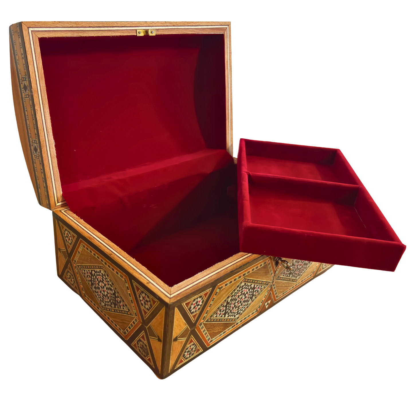 Caja mosaico damascena vintage de 1970 – Multinivel con cerradura y llave | Única en su tipo