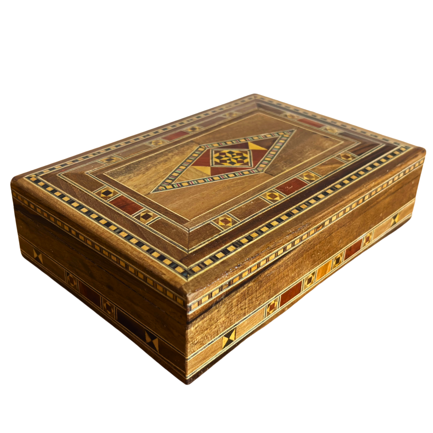 Elegante caja de joyas damasquina rectangular – Hecha a mano con madera de haya, eucalipto y limonero