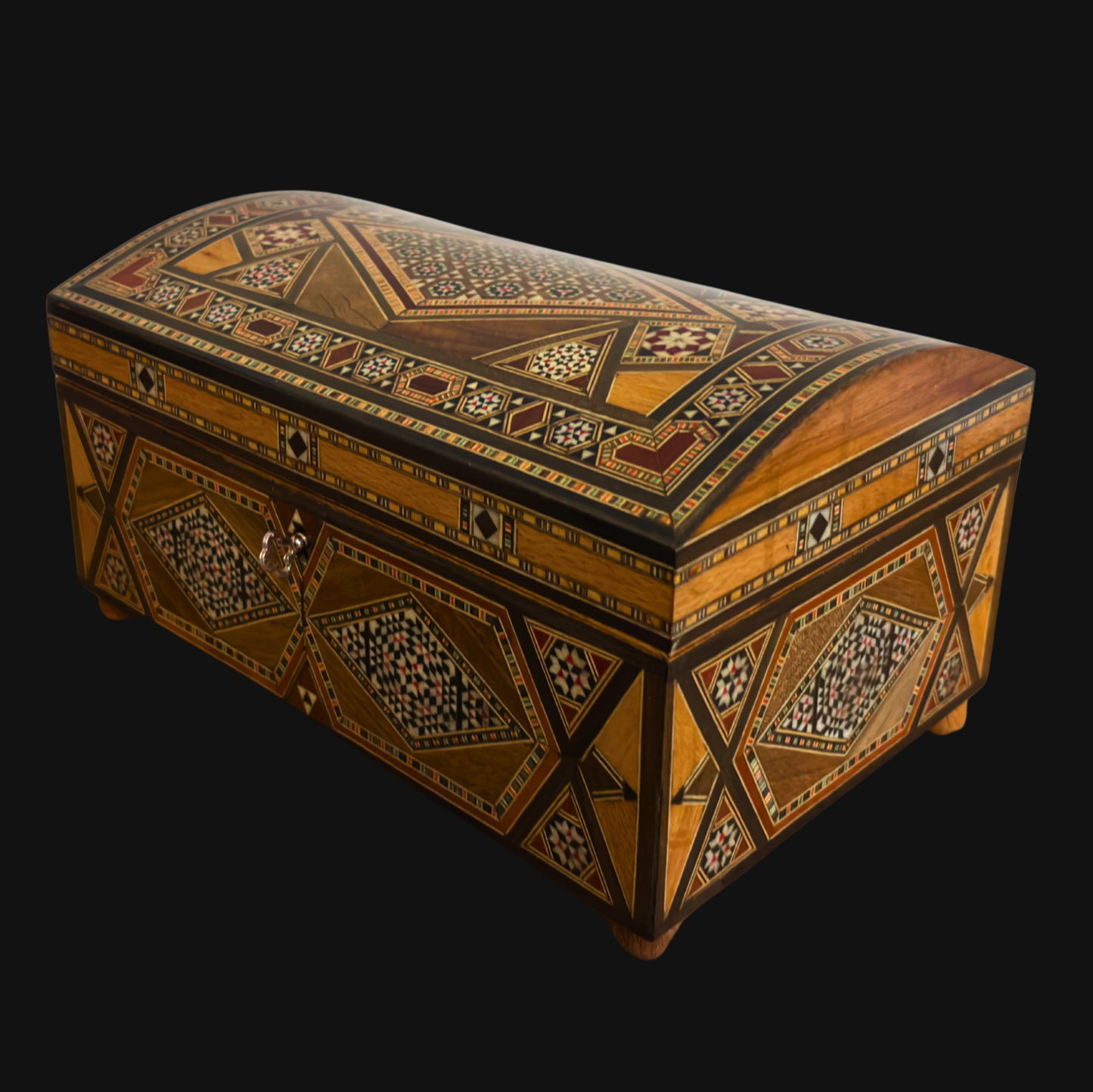 Caja mosaico damascena vintage de 1970 – Multinivel con cerradura y llave | Única en su tipo