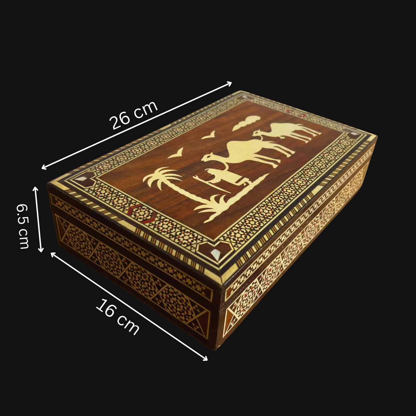 Rara Caja de Mosaico Camello Vintage 1970 – Arte Oriental Damasceno Hecho a Mano con Incrustación de Perla