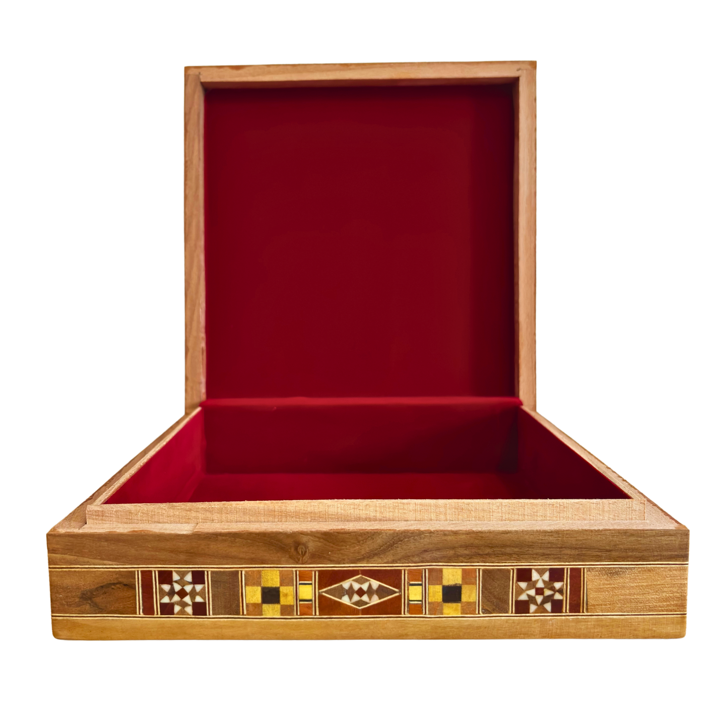 Caja Grande de Mosaico Damasceno – Cofre Cuadrado de Joyería Hecho a Mano con Incrustaciones de Madera Fina y Interior de Terciopelo