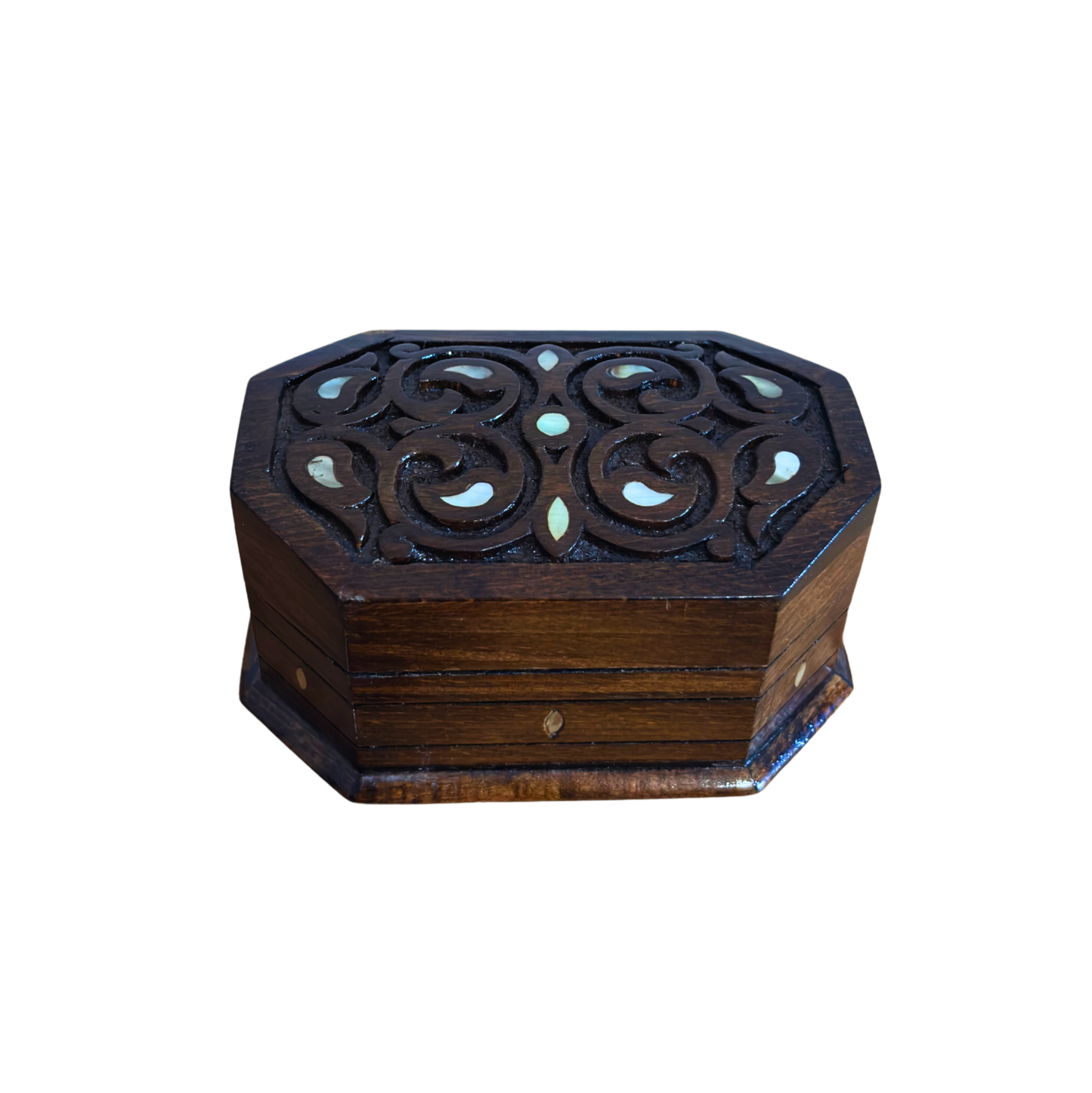 Caja de Madera de Haya Tallada a Mano con Nácar – Elegancia Acabado Nogal