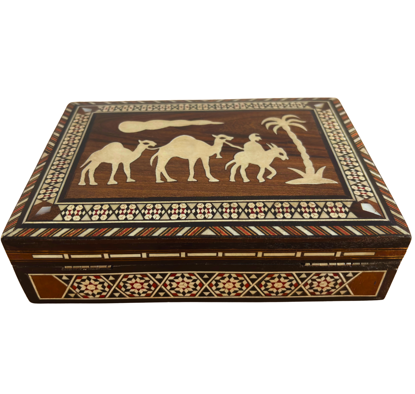 Caja vintage de mosaico damasceno de los años 70, diseño de camello, caja artesanal siria para recuerdos