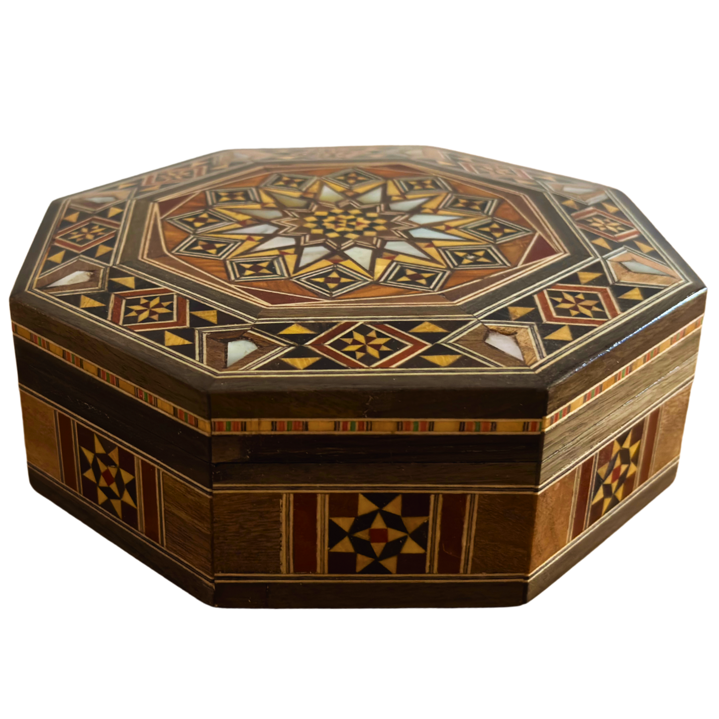 Elegante caja octogonal de mosaico damasceno – Artesanía en madera con incrustación de nácar