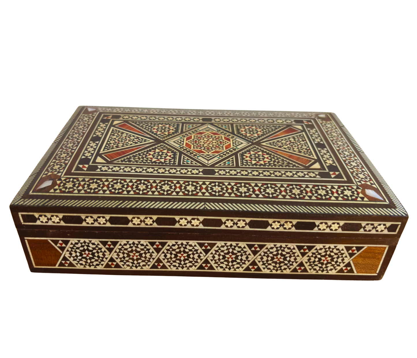 Caja de Joyero de Mosaico Damasceno Vintage 1970 – Incrustación Oriental Hecha a Mano con Nácar