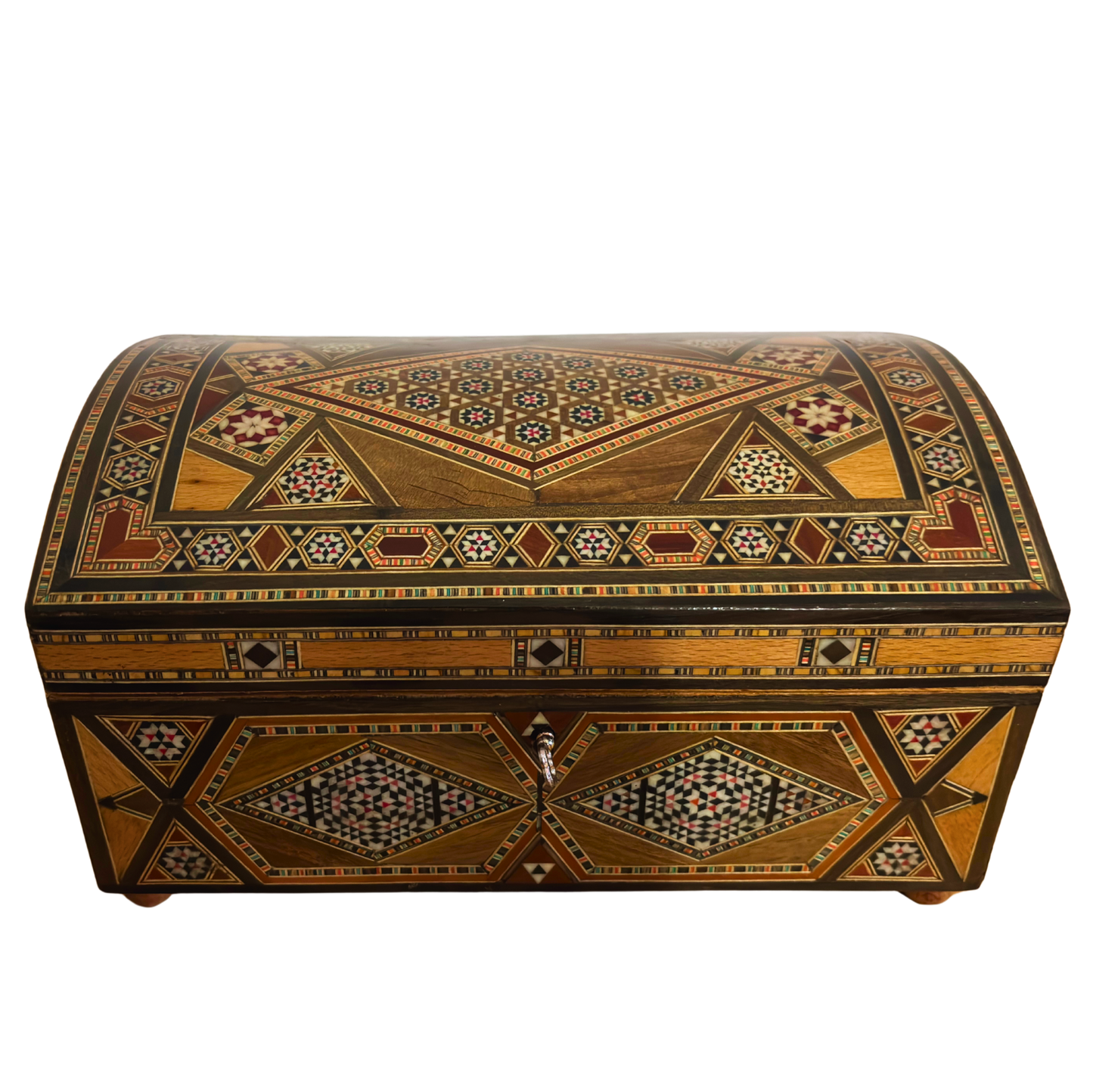 Caja mosaico damascena vintage de 1970 – Multinivel con cerradura y llave | Única en su tipo