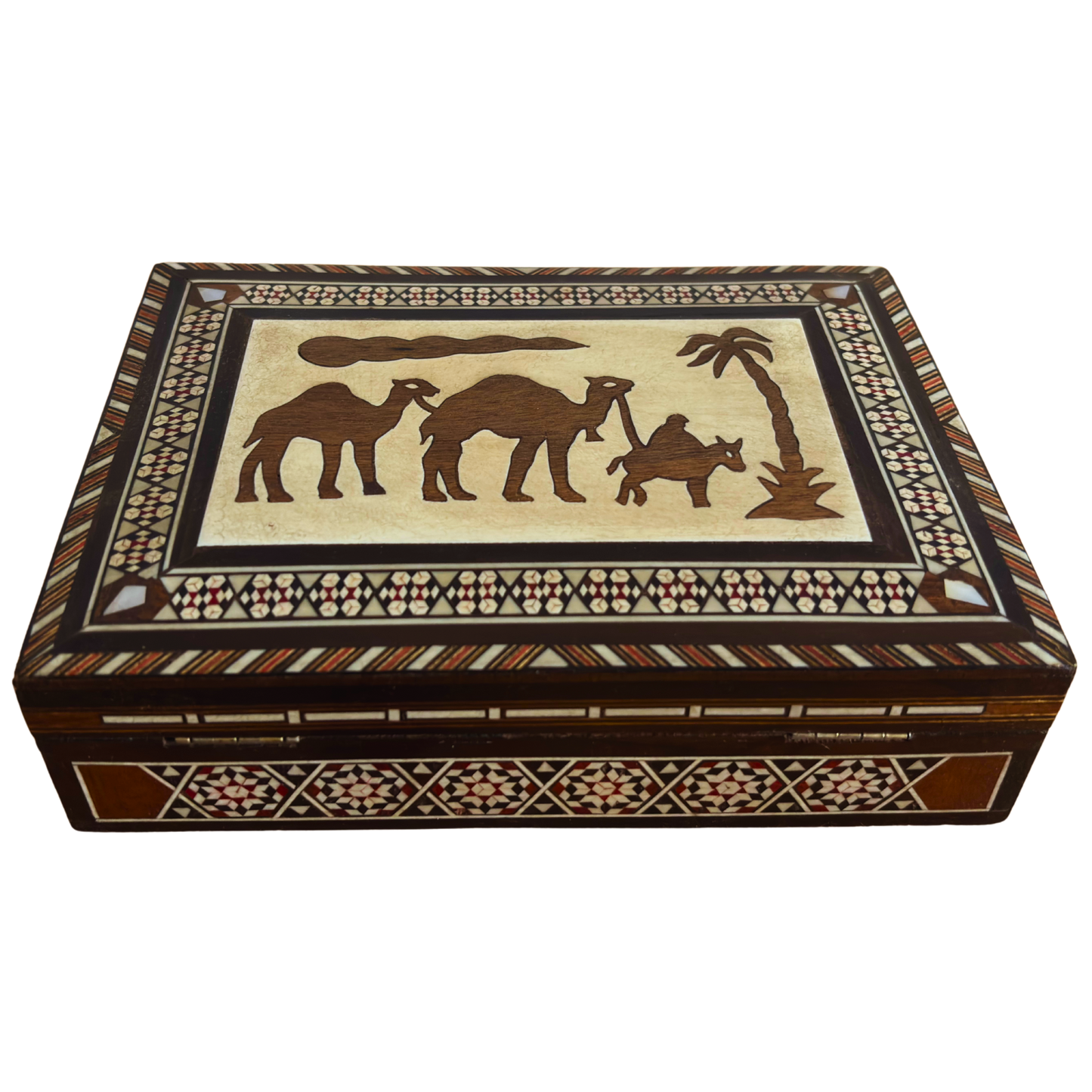 Caja vintage de joyería con mosaico de camello – Arte damasceno artesanal de 1970 con incrustación de perla