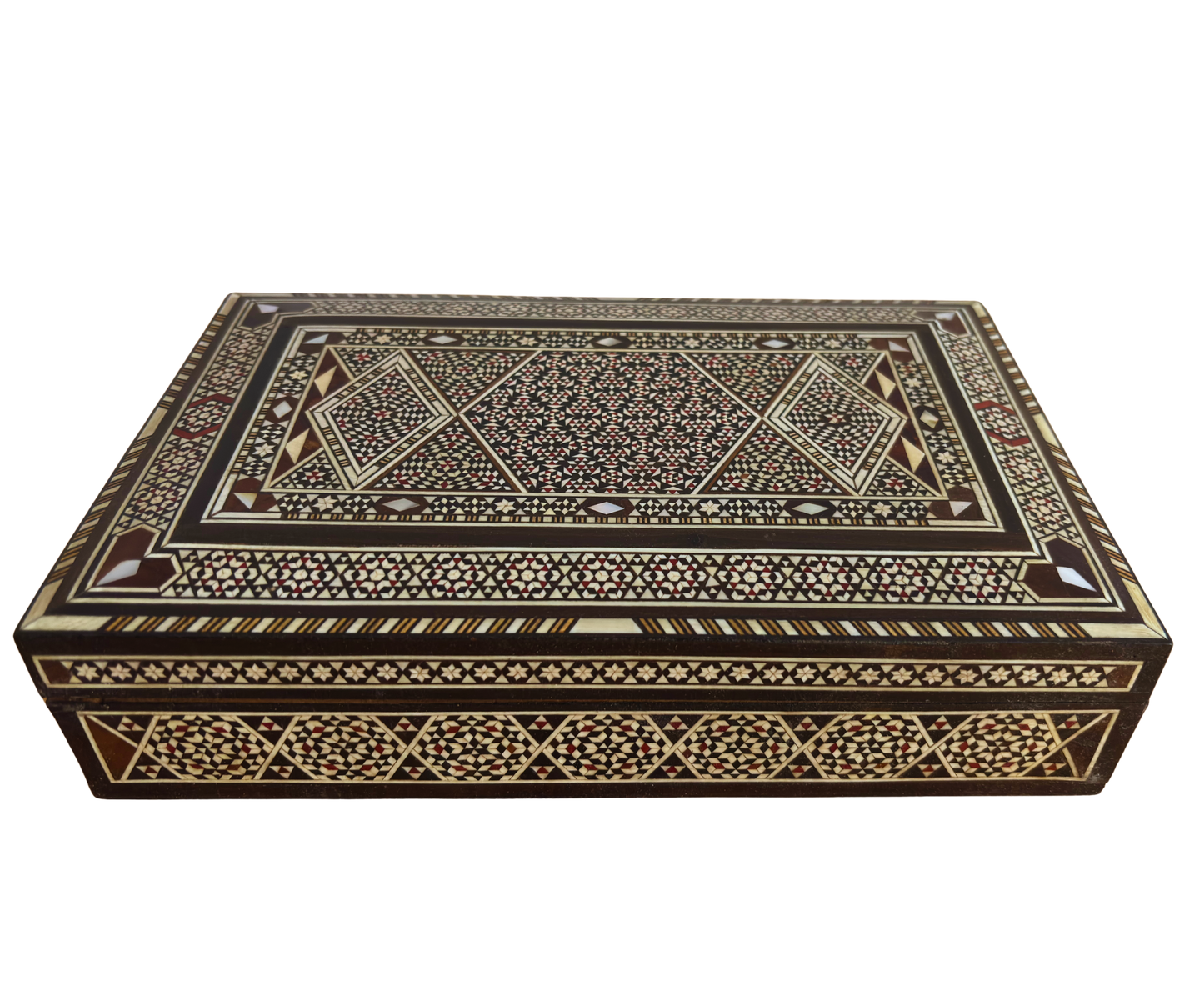 Caja de joyas damasquina vintage de 1970, relicario de madera hecho a mano, con incrustaciones de nácar, tesoro artesanal sirio