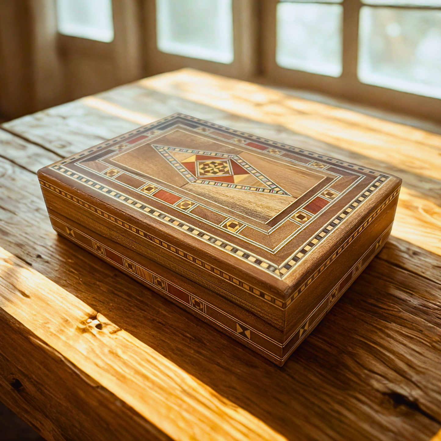 Elegante caja de joyas damasquina rectangular – Hecha a mano con madera de haya, eucalipto y limonero