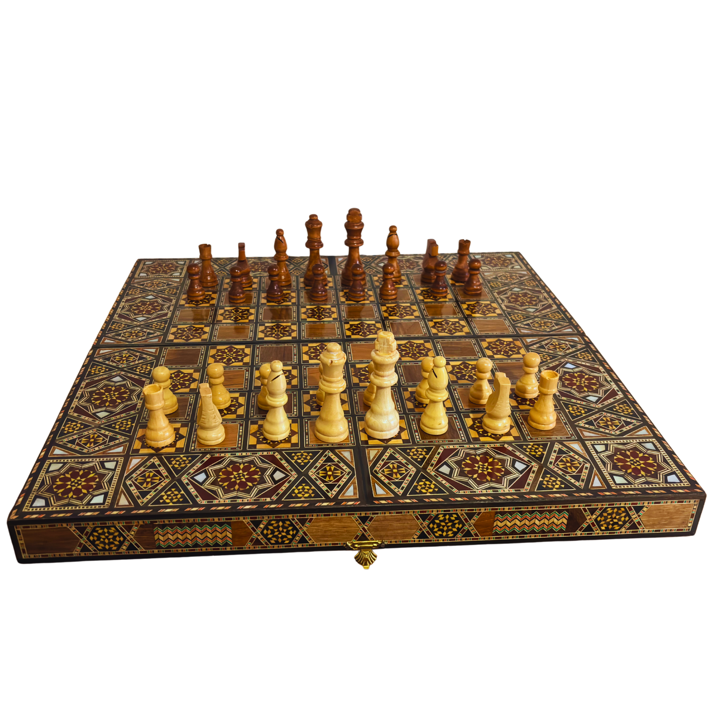 Mesa de Backgammon y Ajedrez Damasquina Hecha a Mano por Gaby Al Dayeh – Obra Maestra con Incrustaciones de Nácar