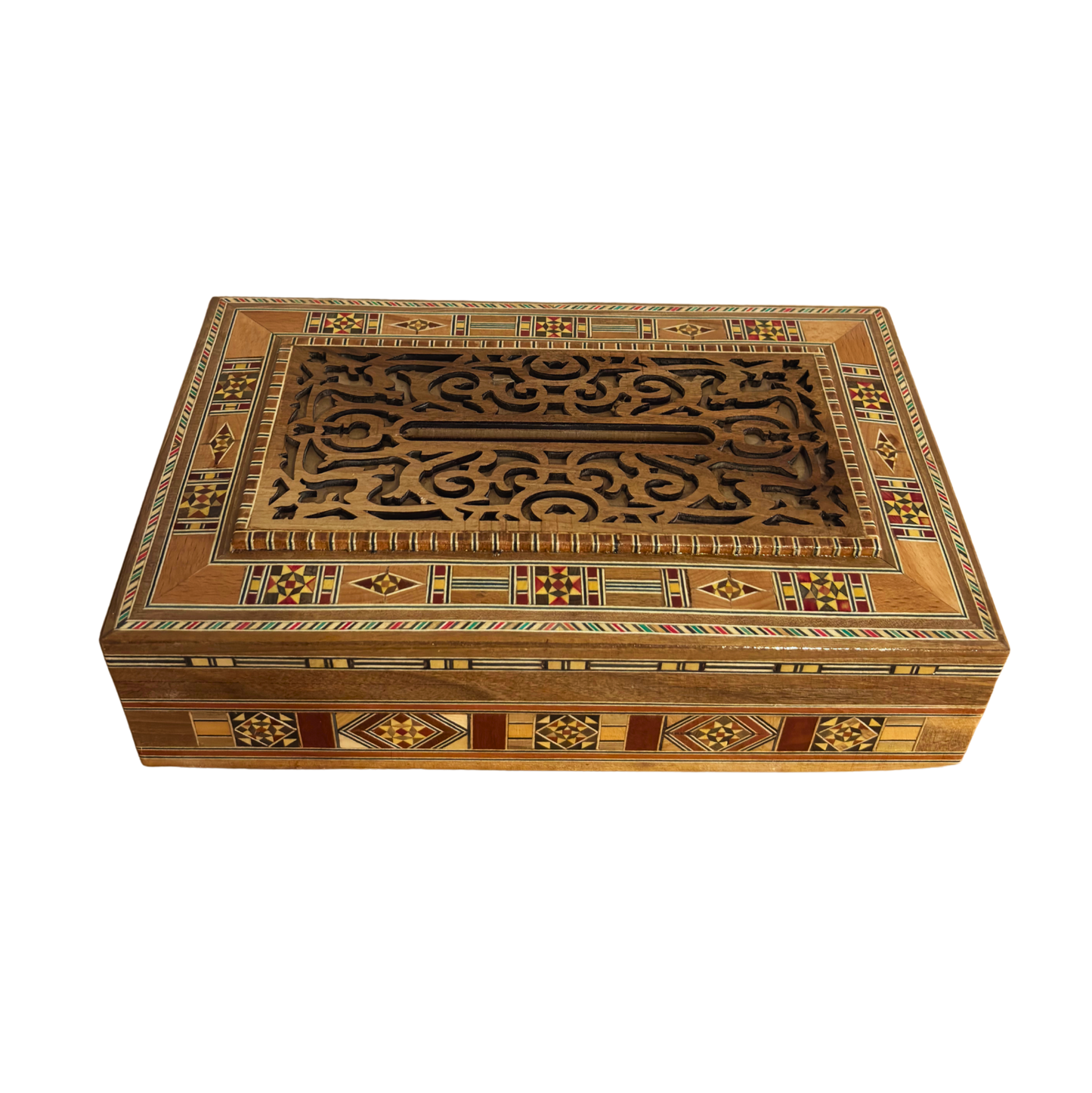 Caja de Madera Tallada Damasquina – Diseño Oriental con Terciopelo Rojo