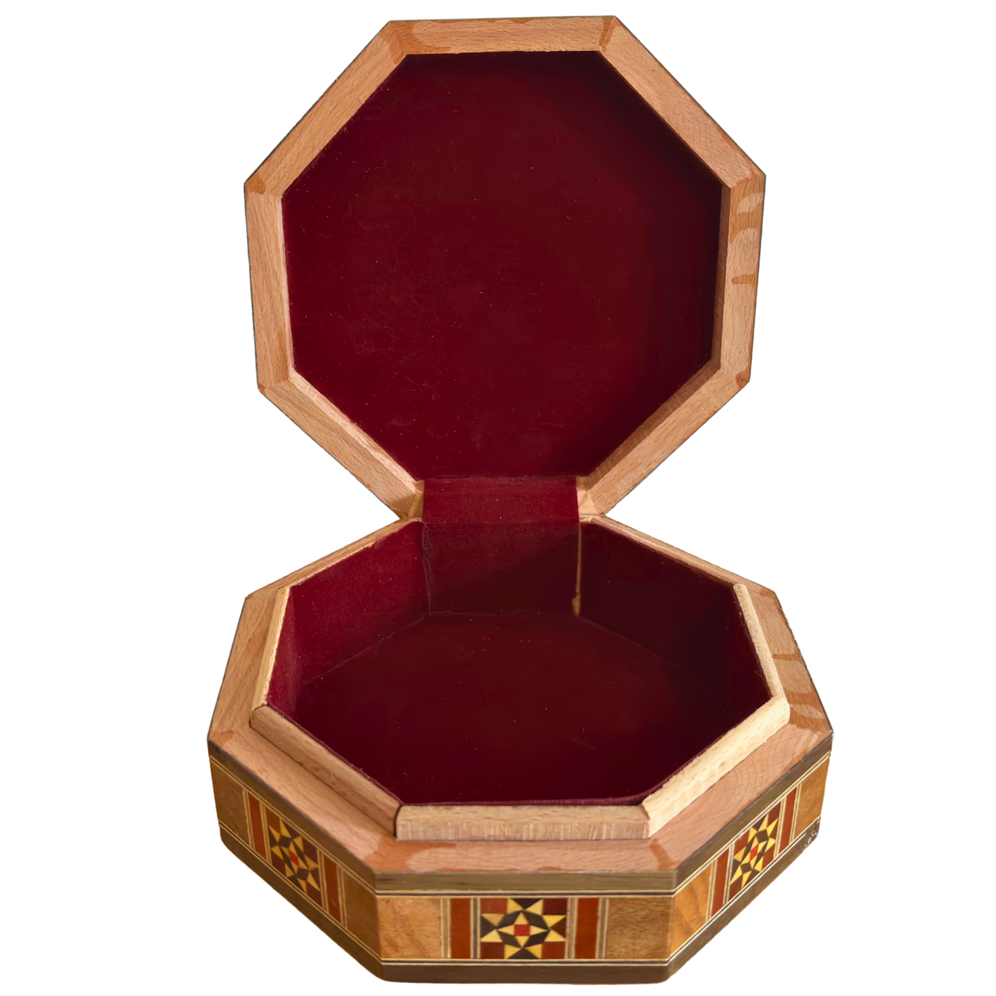 Elegante caja octogonal de mosaico damasceno – Artesanía en madera con incrustación de nácar