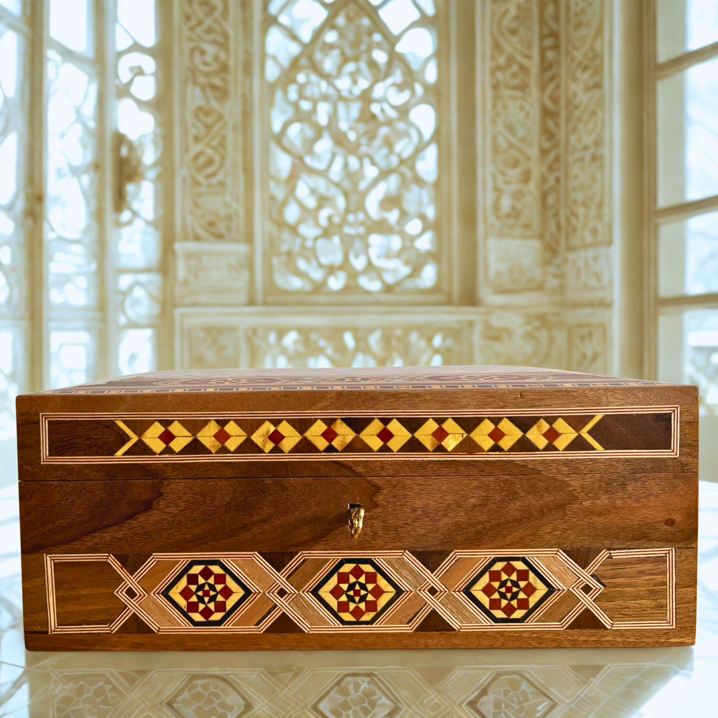 Gran Caja de Mosaico Damasceno Hecha a Mano con Cerradura – Cofre de Joyería de Madera de Varios Niveles con Incrustación de Nácar