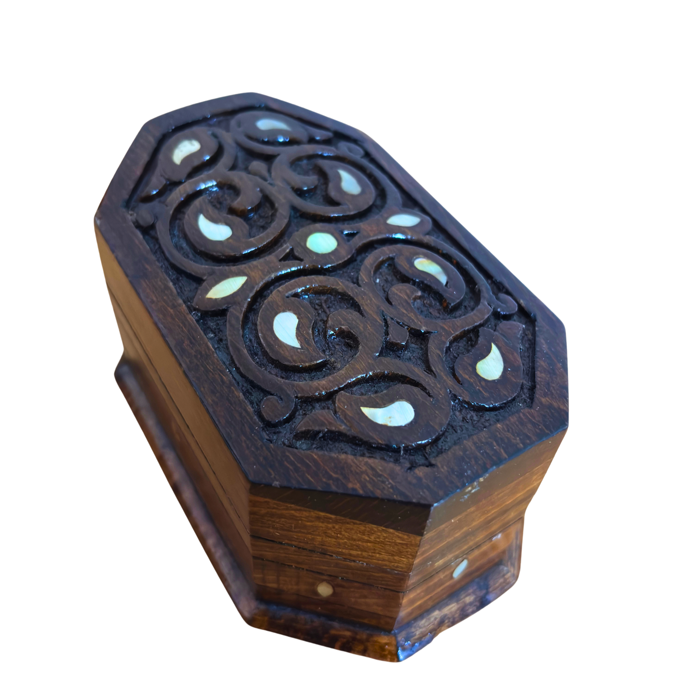 Caja de Madera de Haya Tallada a Mano con Nácar – Elegancia Acabado Nogal