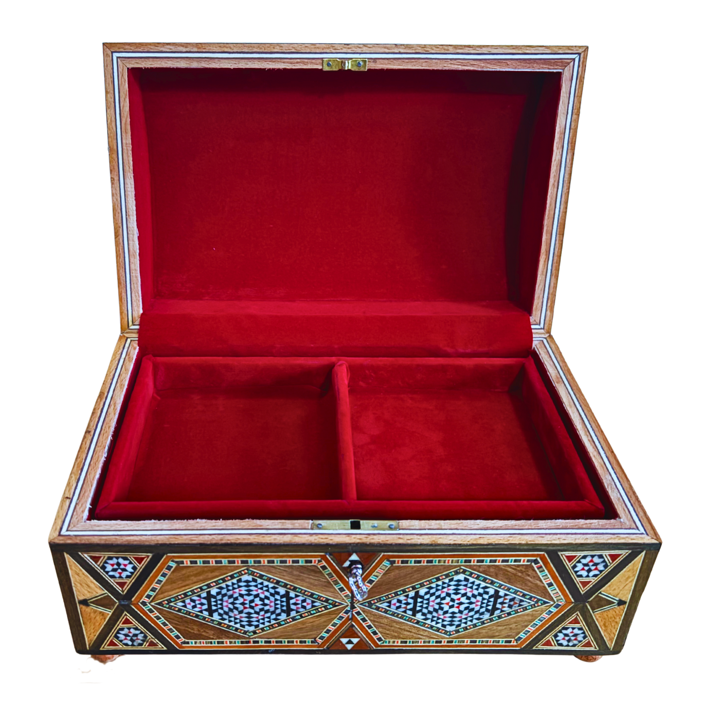 Caja mosaico damascena vintage de 1970 – Multinivel con cerradura y llave | Única en su tipo