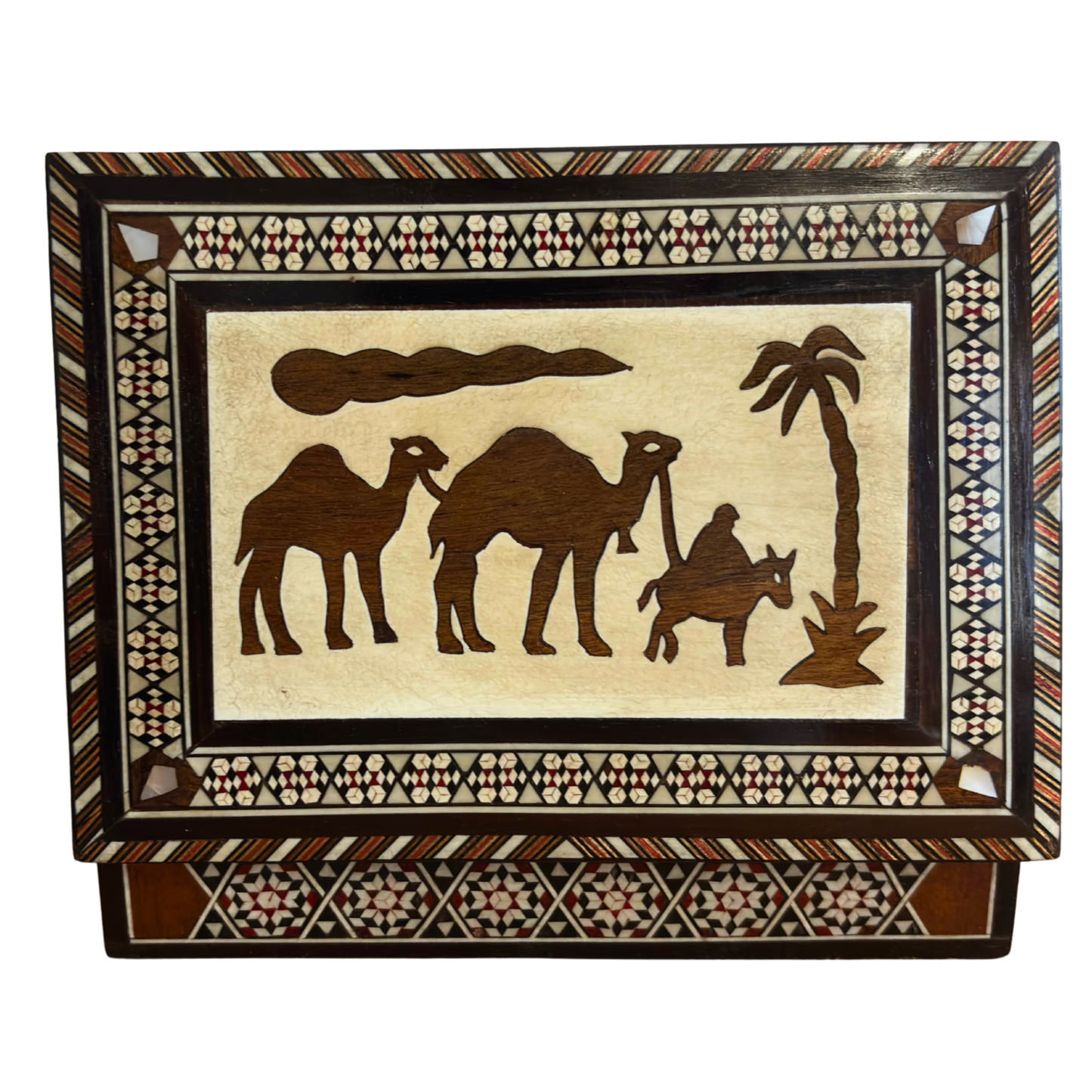 Caja vintage de joyería con mosaico de camello – Arte damasceno artesanal de 1970 con incrustación de perla