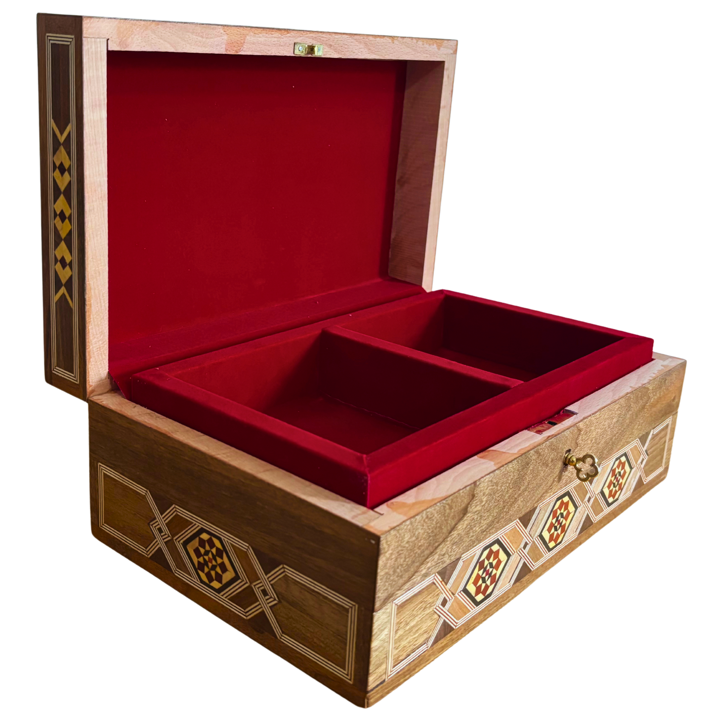 Gran Caja de Mosaico Damasceno Hecha a Mano con Cerradura – Cofre de Joyería de Madera de Varios Niveles con Incrustación de Nácar