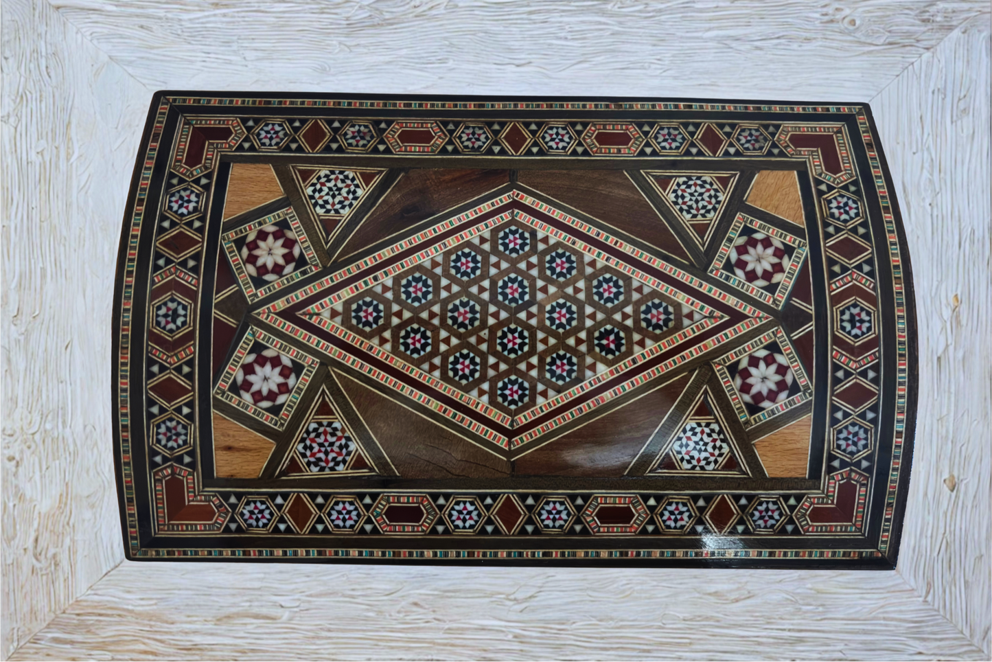 Caja mosaico damascena vintage de 1970 – Multinivel con cerradura y llave | Única en su tipo