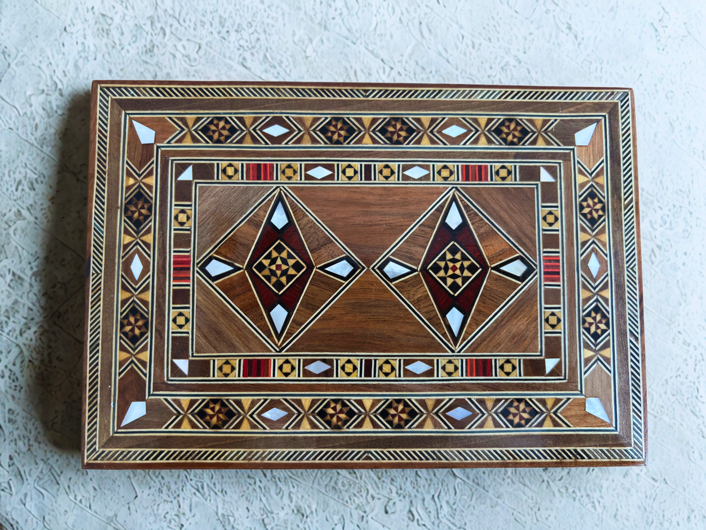Caja artesanal de mosaico para joyas, incrustación de nácar, cofre de madera de lujo para recuerdos, arte damasceno -Edición Limitada-