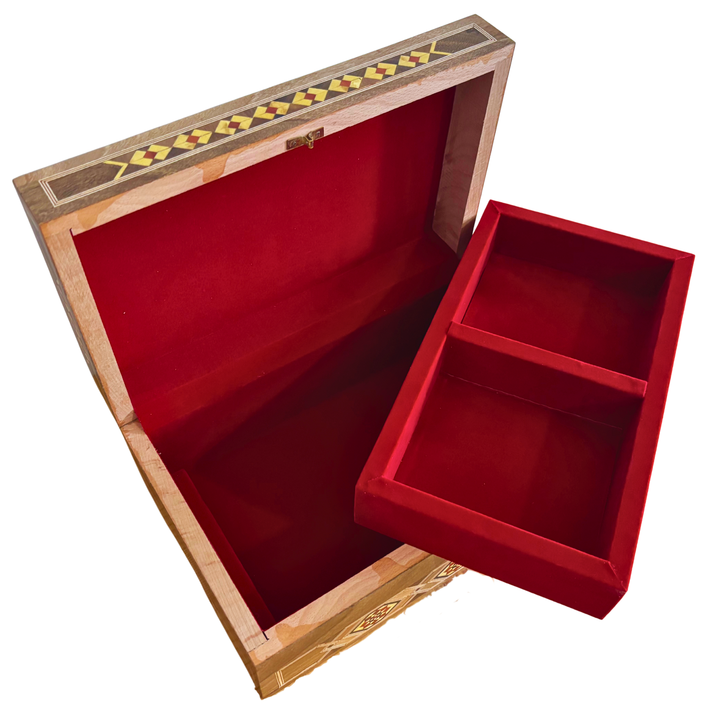 Gran Caja de Mosaico Damasceno Hecha a Mano con Cerradura – Cofre de Joyería de Madera de Varios Niveles con Incrustación de Nácar