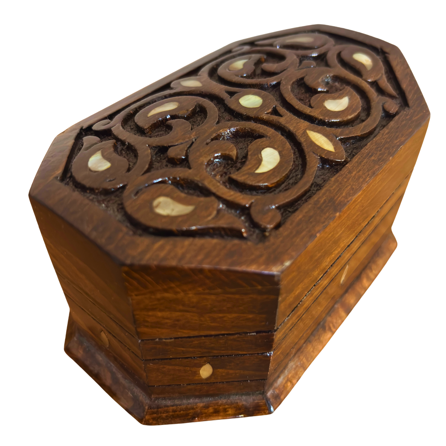 Caja de Madera de Haya Tallada a Mano con Nácar – Elegancia Acabado Nogal