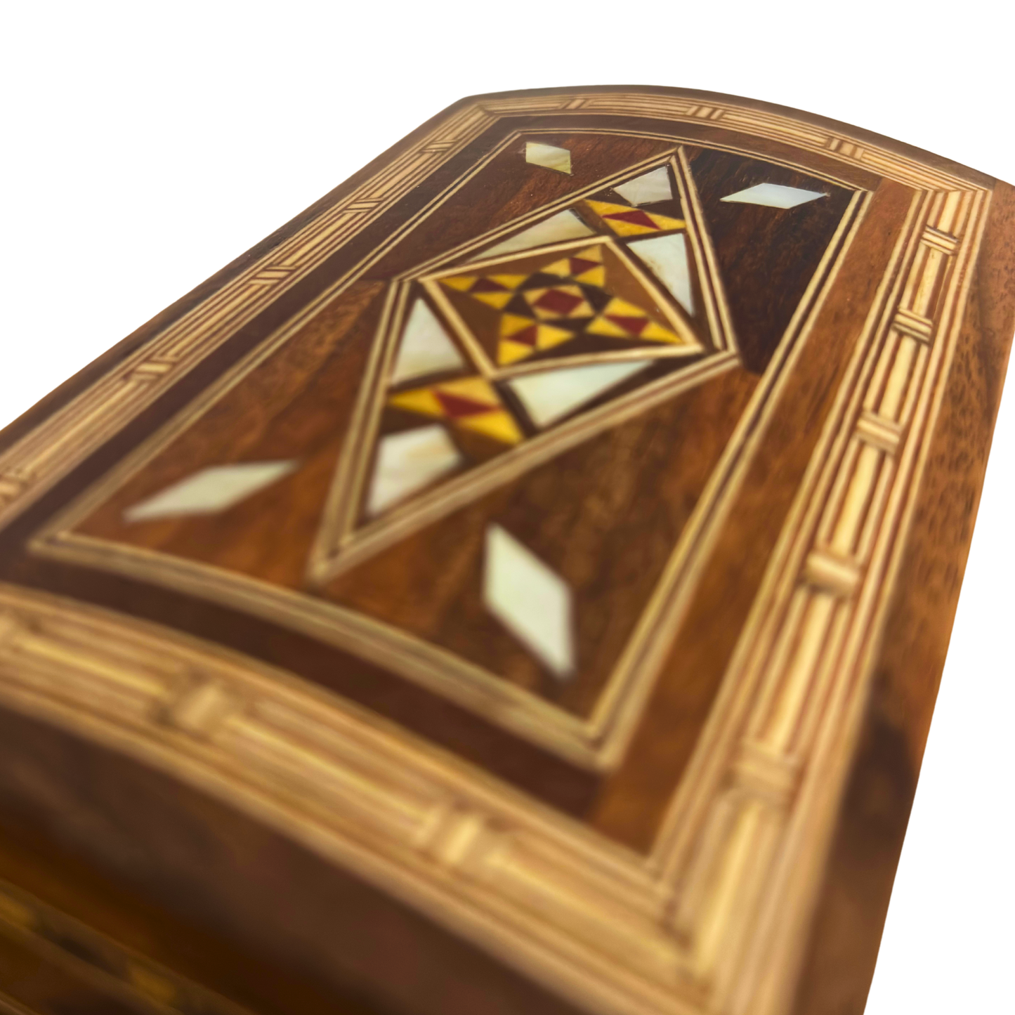 Caja de joyas damascena artesanal con incrustaciones de nácar – Lujoso cofre de madera para recuerdos