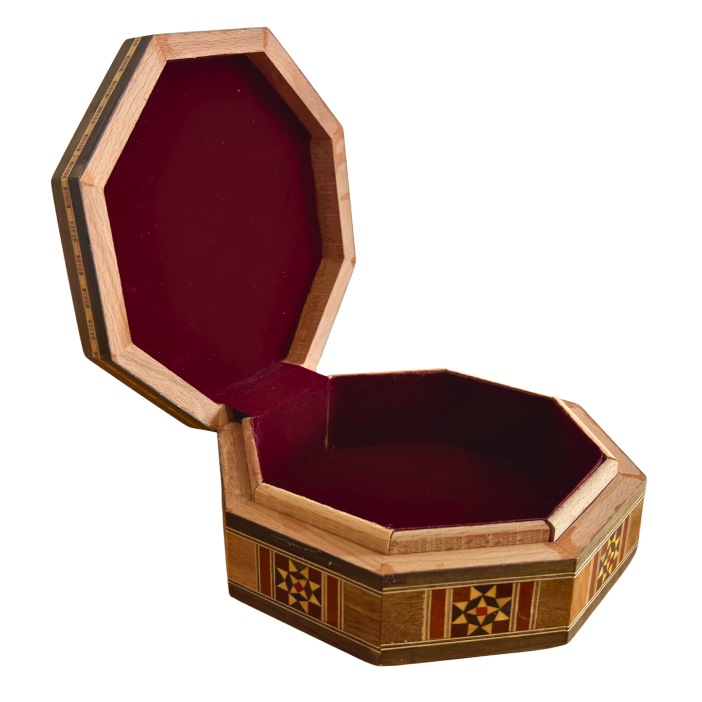 Elegante caja octogonal de mosaico damasceno – Artesanía en madera con incrustación de nácar