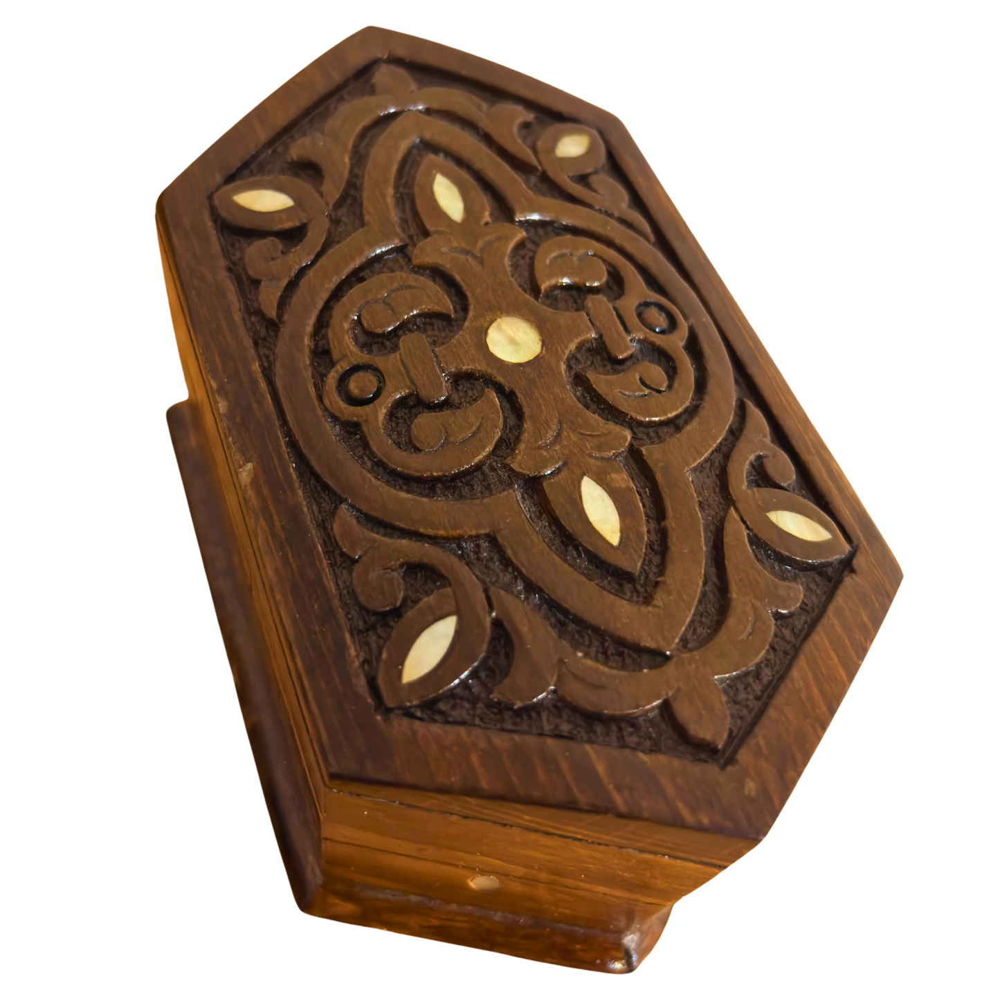 Caja de Madera de Haya Tallada a Mano con Nácar y Forro de Terciopelo – Diseño Oriental Atemporal
