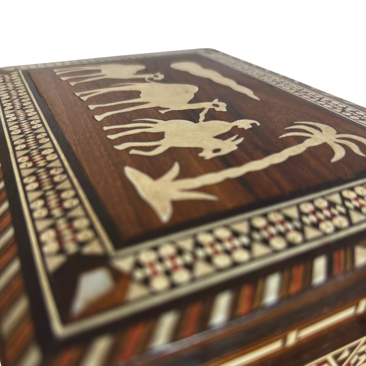 Caja vintage de mosaico damasceno de los años 70, diseño de camello, caja artesanal siria para recuerdos