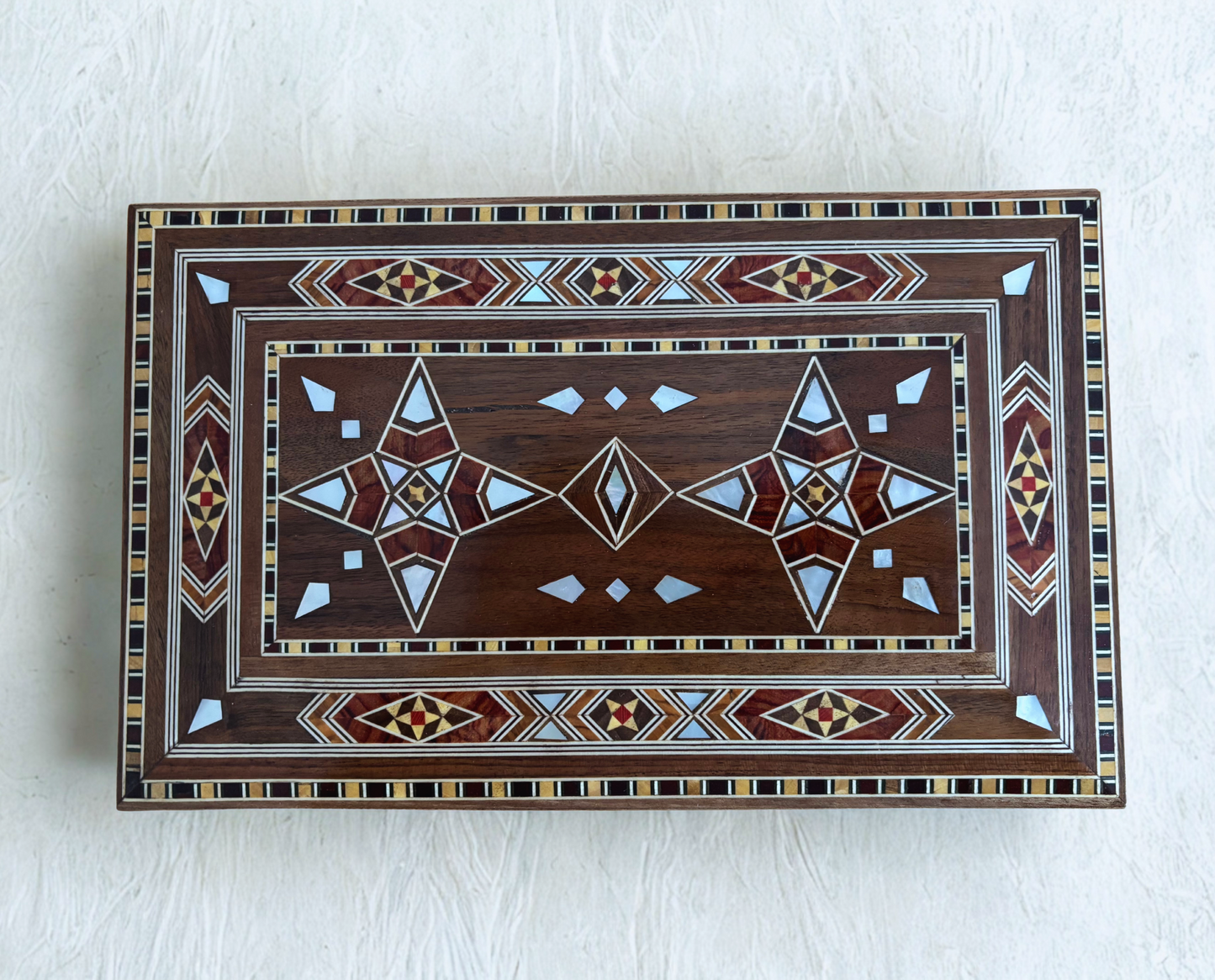 Gran Caja de Mosaico Damasceno Hecha a Mano con Cerradura – Cofre de Joyería de Madera de Varios Niveles con Incrustación de Nácar