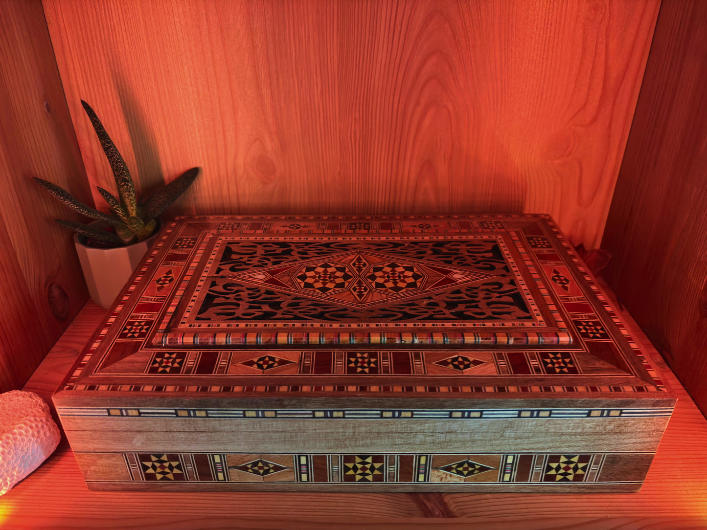 Elegante caja grande de mosaico – Cofre de madera hecho a mano para joyas y recuerdos con forro de terciopelo