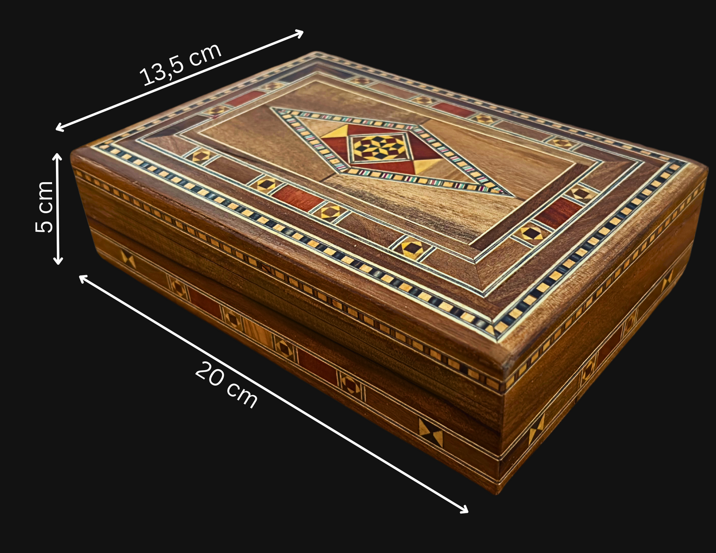 Elegante caja de joyas damasquina rectangular – Hecha a mano con madera de haya, eucalipto y limonero