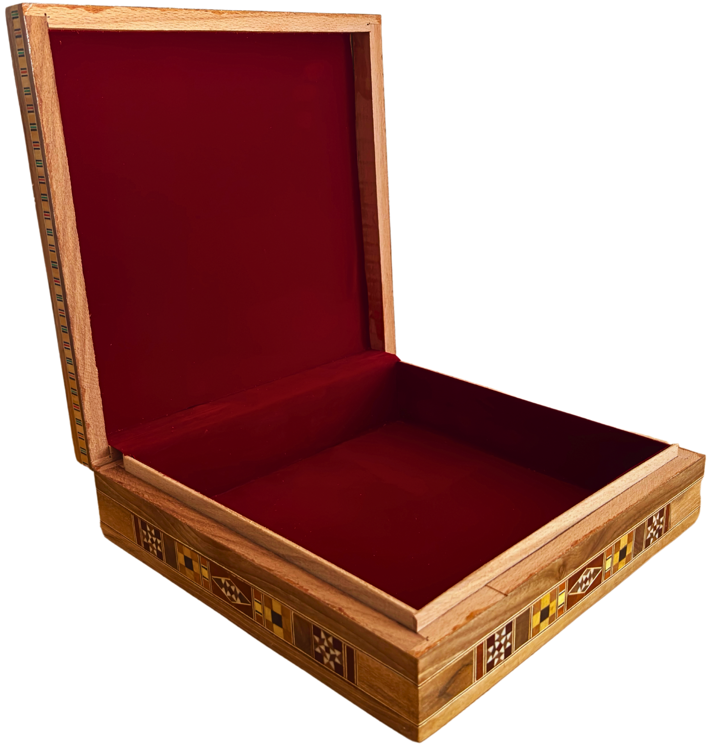 Caja Grande de Mosaico Damasceno – Cofre Cuadrado de Joyería Hecho a Mano con Incrustaciones de Madera Fina y Interior de Terciopelo