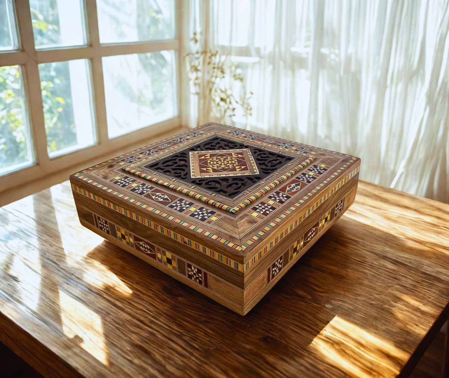 Caja Grande de Mosaico Damasceno – Cofre Cuadrado de Joyería Hecho a Mano con Incrustaciones de Madera Fina y Interior de Terciopelo