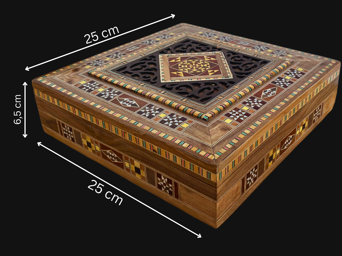 Caja Grande de Mosaico Damasceno – Cofre Cuadrado de Joyería Hecho a Mano con Incrustaciones de Madera Fina y Interior de Terciopelo