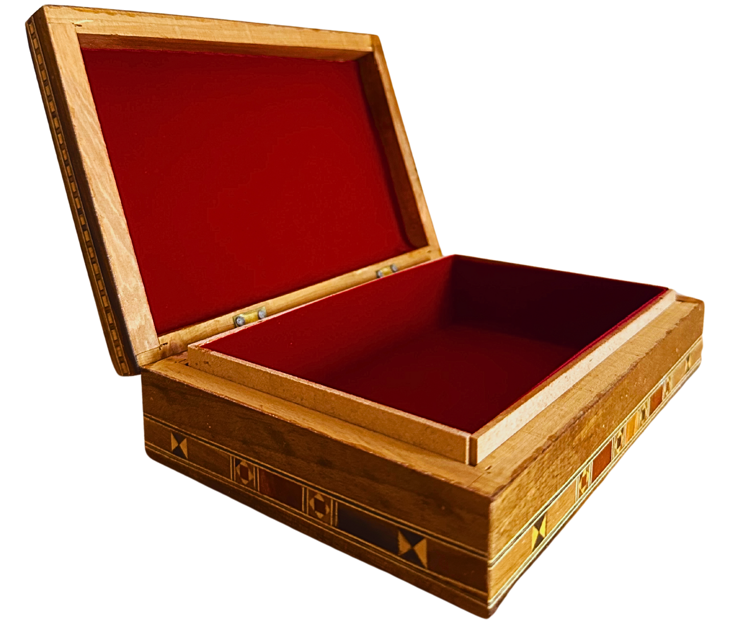 Elegante caja de joyas damasquina rectangular – Hecha a mano con madera de haya, eucalipto y limonero