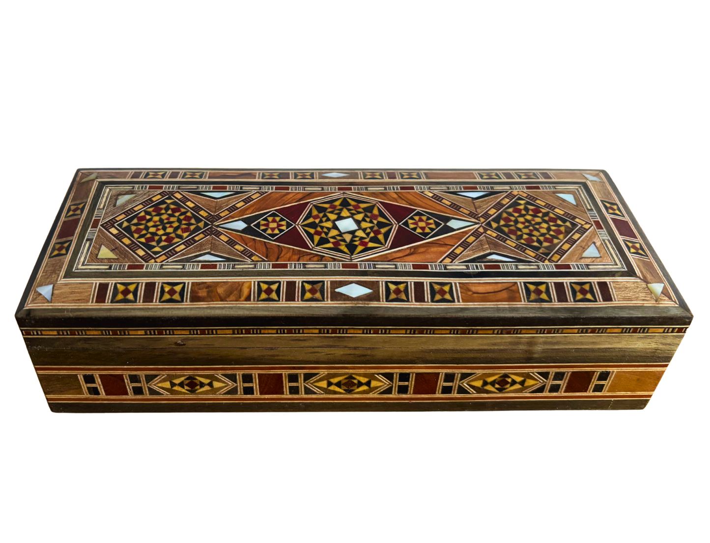 Caja alargada artesanal de mosaico damasceno para bolígrafos y joyas, con incrustación de nácar, artesanía oriental siria