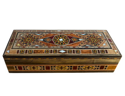 Caja alargada artesanal de mosaico damasceno para bolígrafos y joyas, con incrustación de nácar, artesanía oriental siria