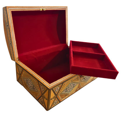 Caja mosaico damascena vintage de 1970 – Multinivel con cerradura y llave | Única en su tipo