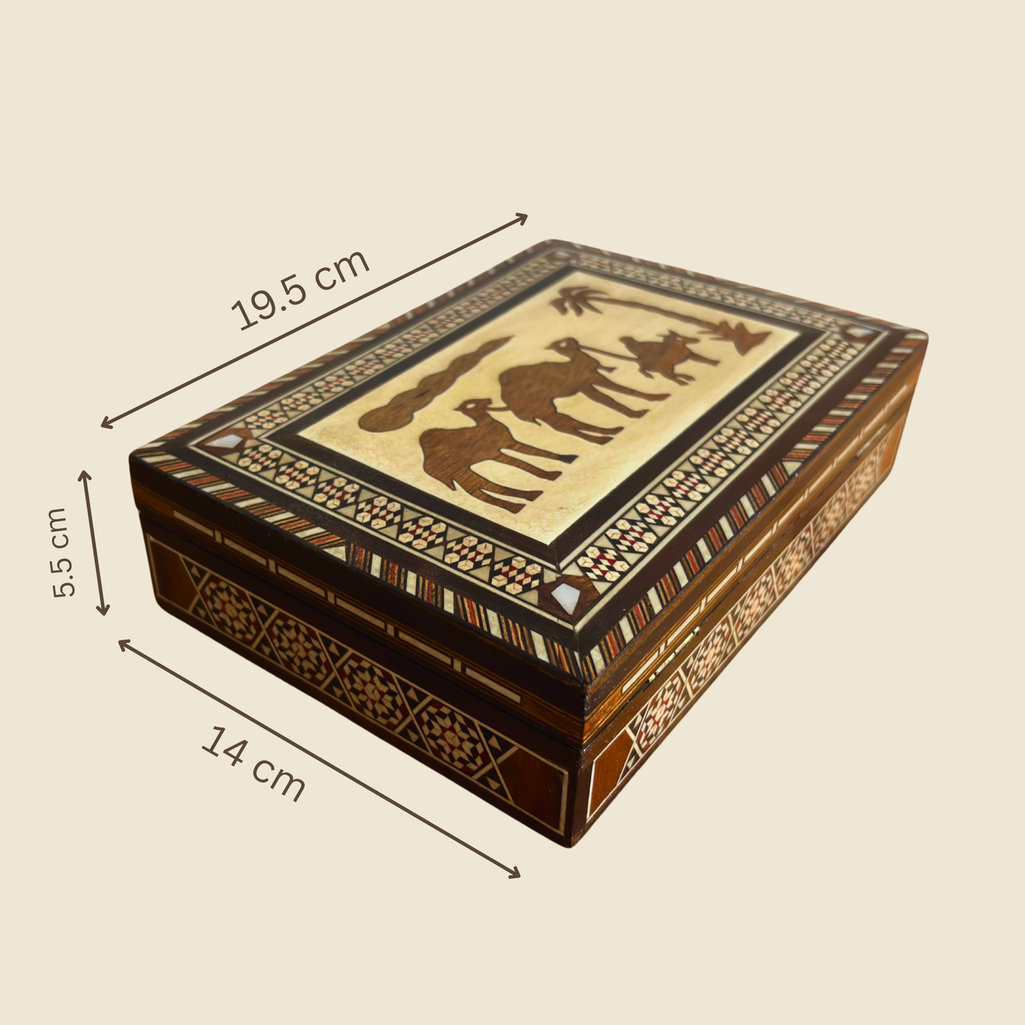 Caja de Joyas Damasquina de Camellos 1970 – Arte Hecho a Mano con Nácar