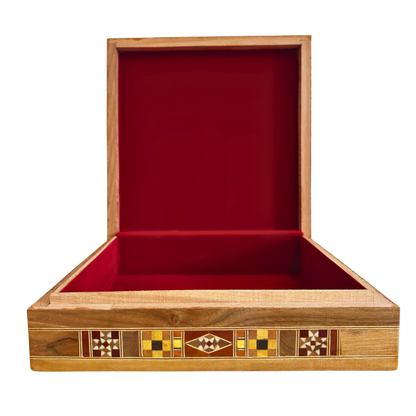 Caja Grande de Mosaico Damasceno – Cofre Cuadrado de Joyería Hecho a Mano con Incrustaciones de Madera Fina y Interior de Terciopelo