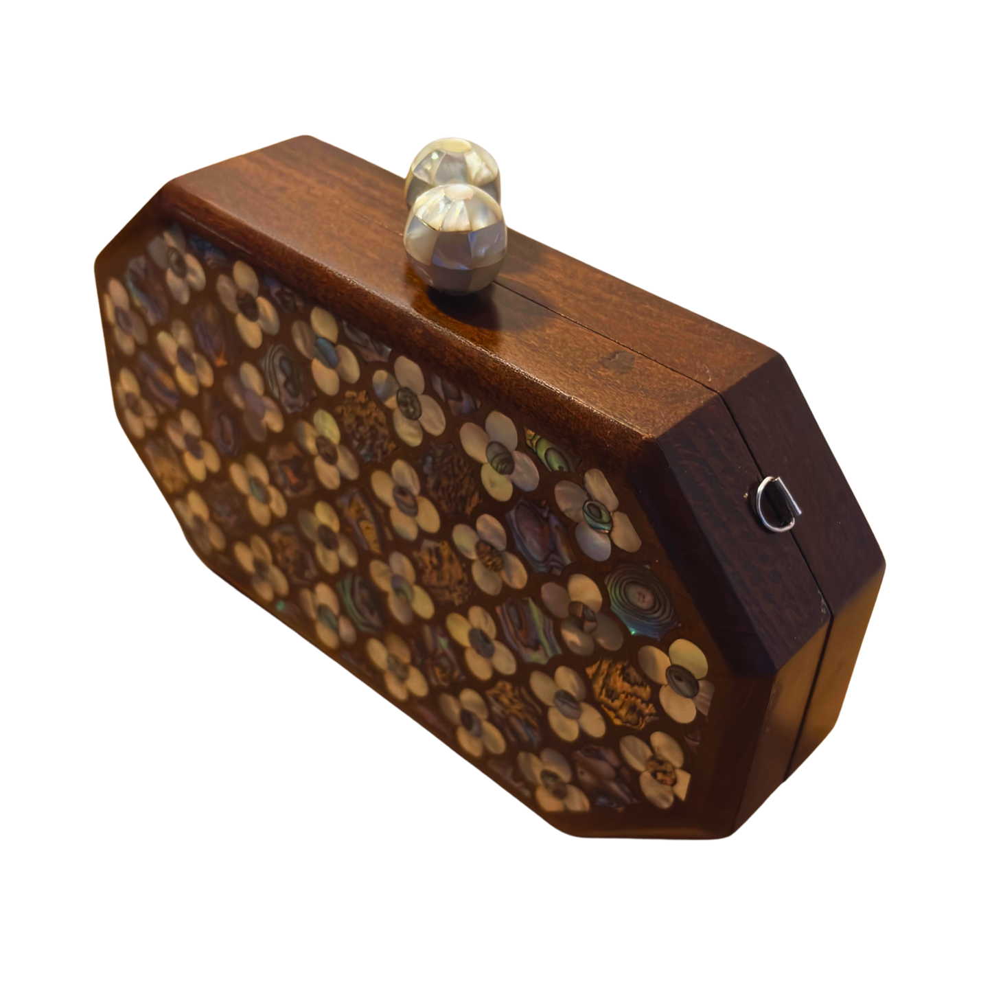 Jouri – Bolso Damasquino de Lujo con Nácar Floral y Cadena de Perlas