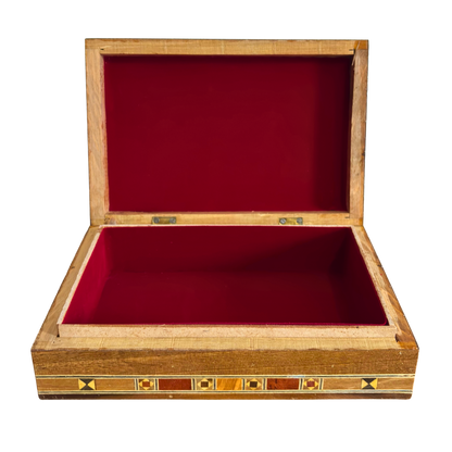 Elegante caja de joyas damasquina rectangular – Hecha a mano con madera de haya, eucalipto y limonero