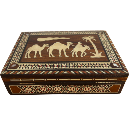 Caja vintage de mosaico damasceno de los años 70, diseño de camello, caja artesanal siria para recuerdos